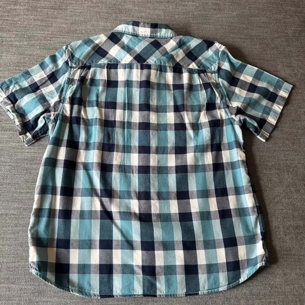 The North Face Button Down Shirt Mens L Teal Navy Plaid Short Sleeve